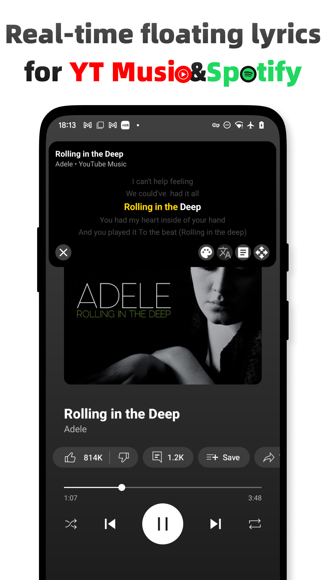 Floating Lyrics screenshot 1 - Floating lyrics App for Spotify&YouTube Music player realtime sync,dynamic-Lyrics app