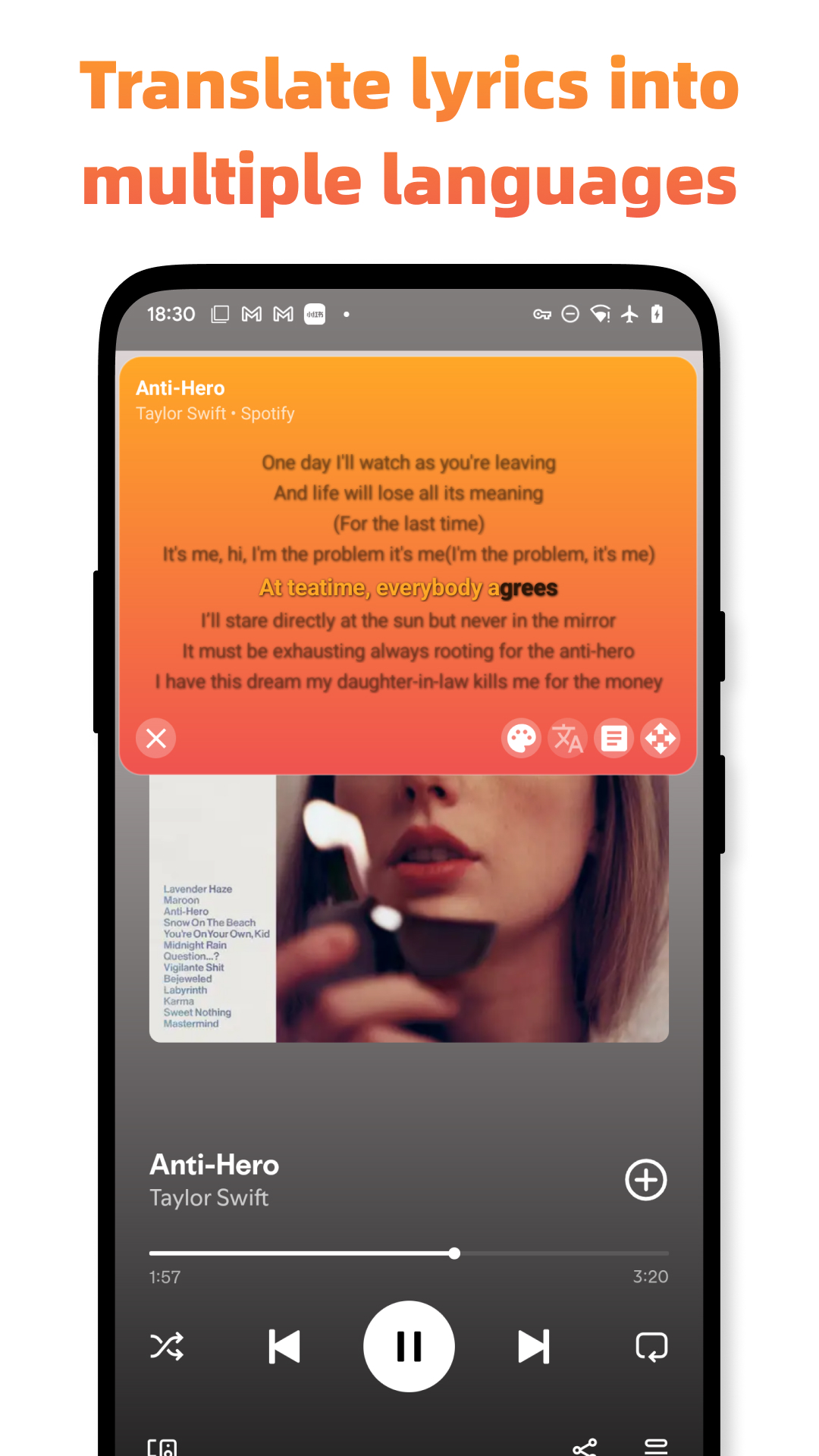 Floating Lyrics screenshot 3 - Floating lyrics App for Spotify&YouTube Music player realtime sync,dynamic-Lyrics app